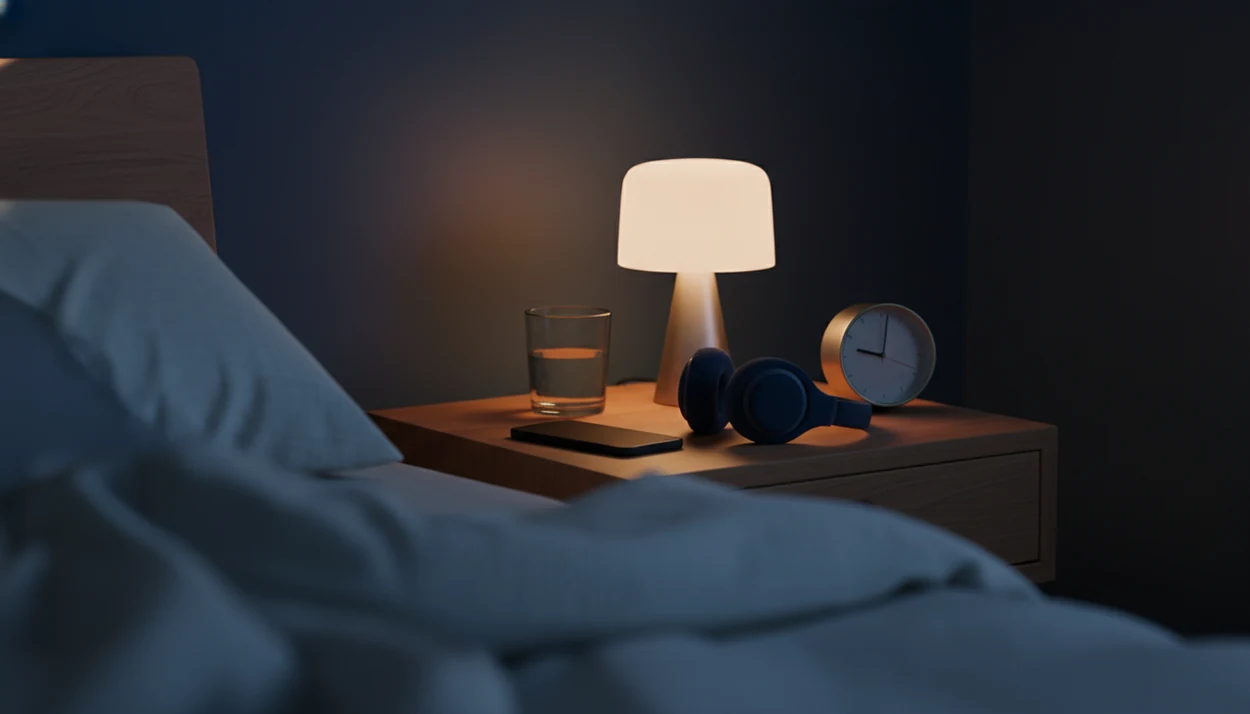 A calm bedside table with a face-down phone and sleep headphones ready for a bedtime audio routine.