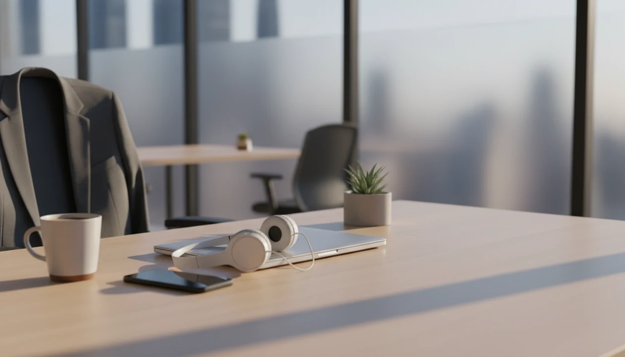 A quiet office desk with headphones and a face-down phone set up for a short calming audio break.