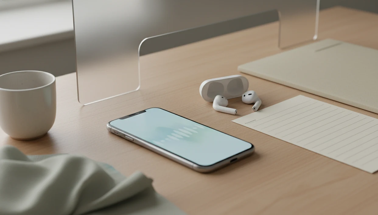 A phone with earbuds sits beside a blank disclaimer document separated by a clear divider.