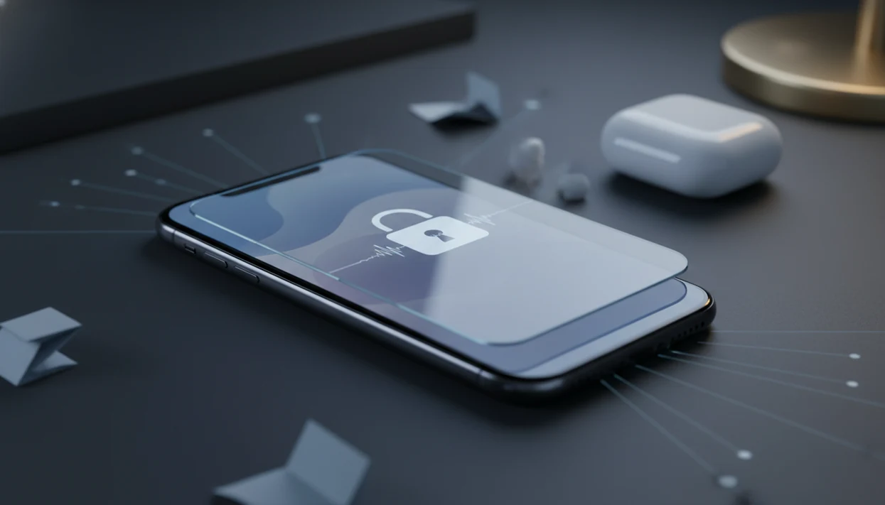 A smartphone with abstract audio waves sits under a frosted privacy shield on a dark desk.