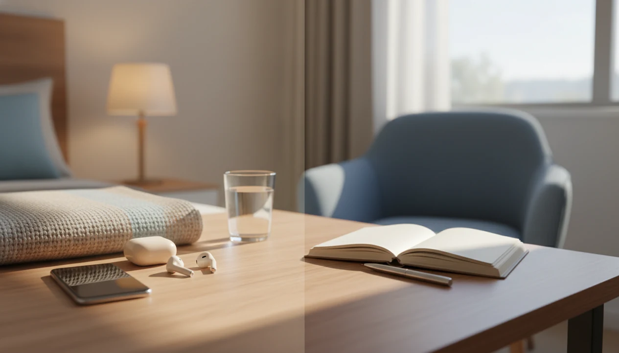 A phone and earbuds sit opposite a therapist notebook and empty chair, suggesting two hypnosis care options.