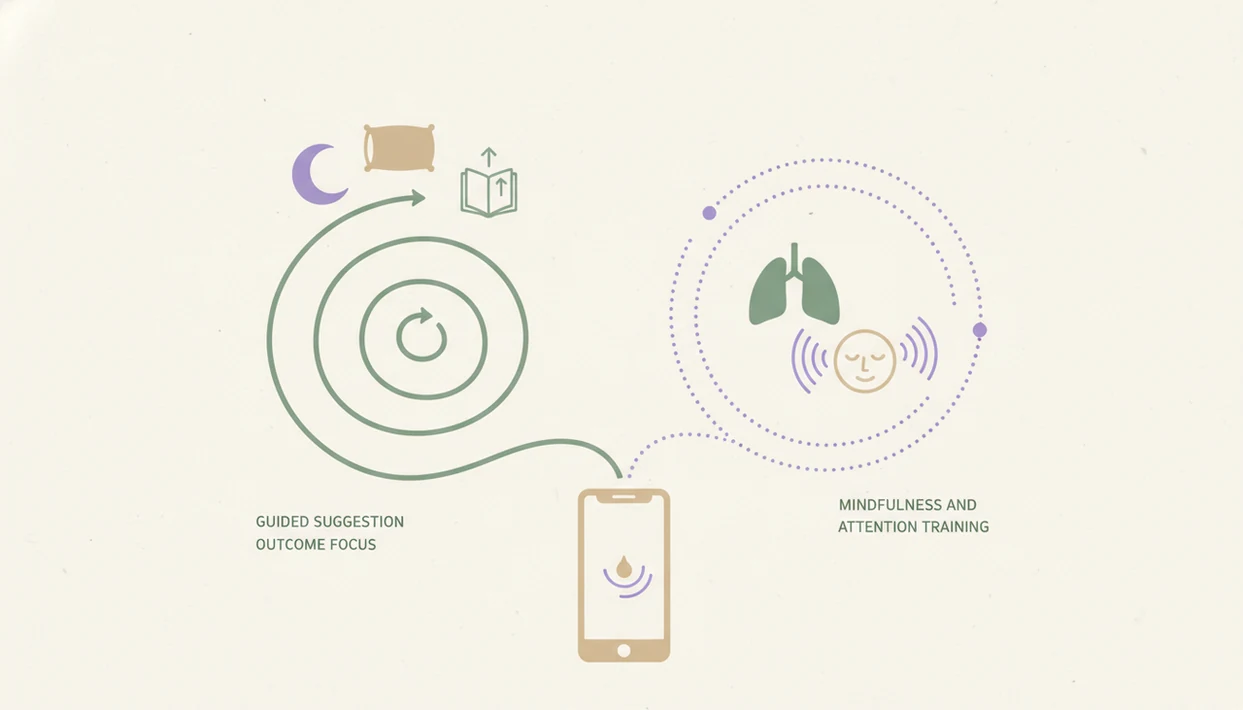 A simple split-path diagram shows hypnosis leading to goals and meditation building mindful awareness.
