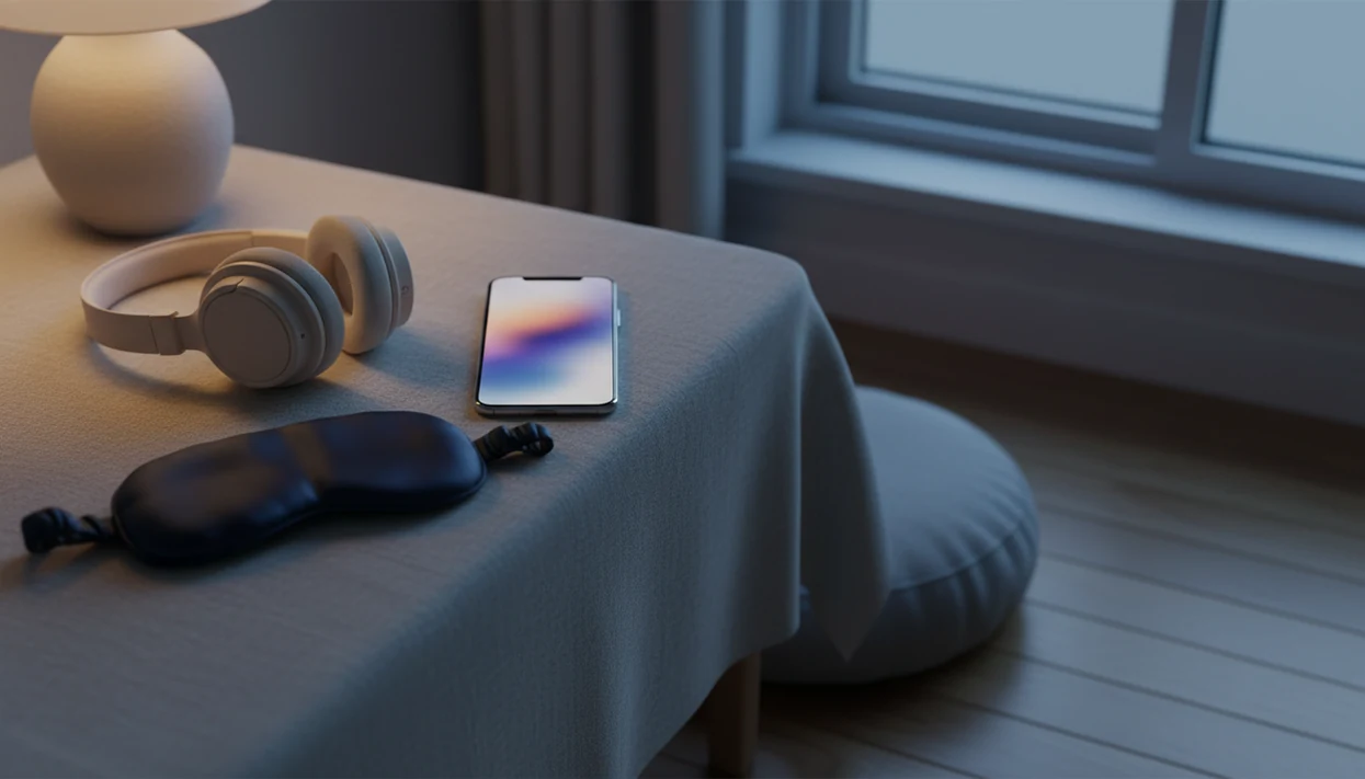 A bedside phone with headphones, sleep mask, and meditation cushion suggests choosing between audio wellness apps.