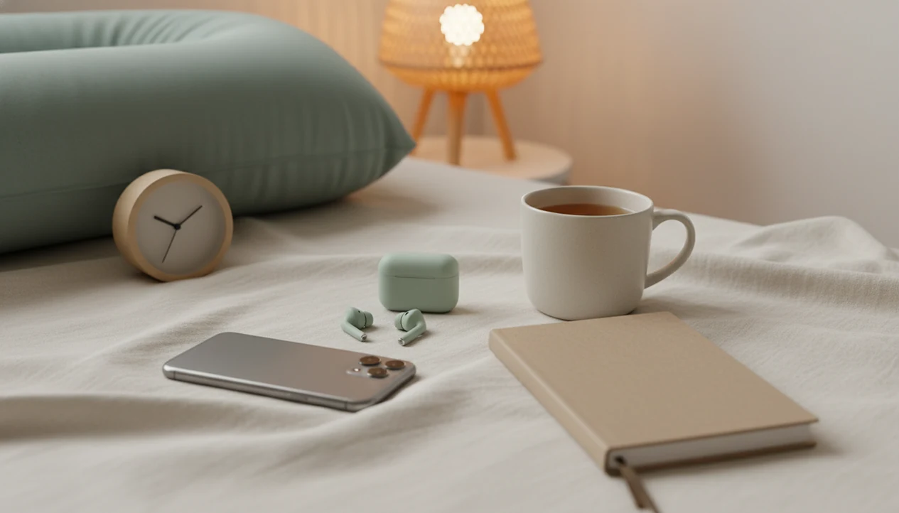 A calm bedside still life with a phone, earbuds, tea, and a blank prenatal notebook for relaxation.