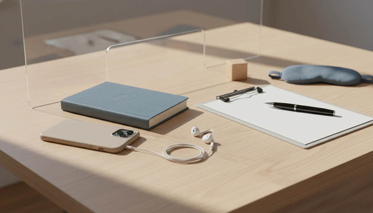 A phone, earbuds, clipboard, and child objects are separated by a clear safety divider on a table.