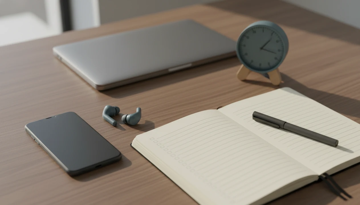 A calm desk setup with a phone, earbuds, notebook, pen, and timer for a focused self-hypnosis routine.