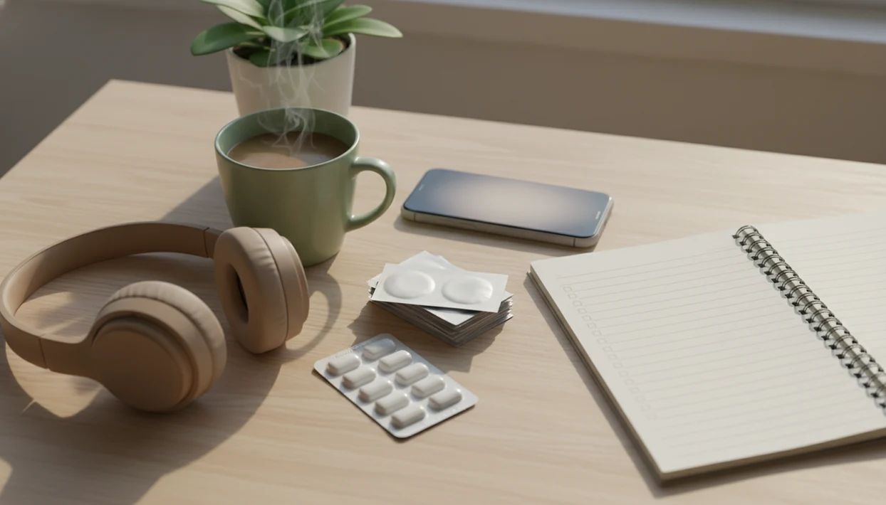 A calm desk scene shows headphones, a phone, nicotine patches, gum, and a blank quit-plan notebook.