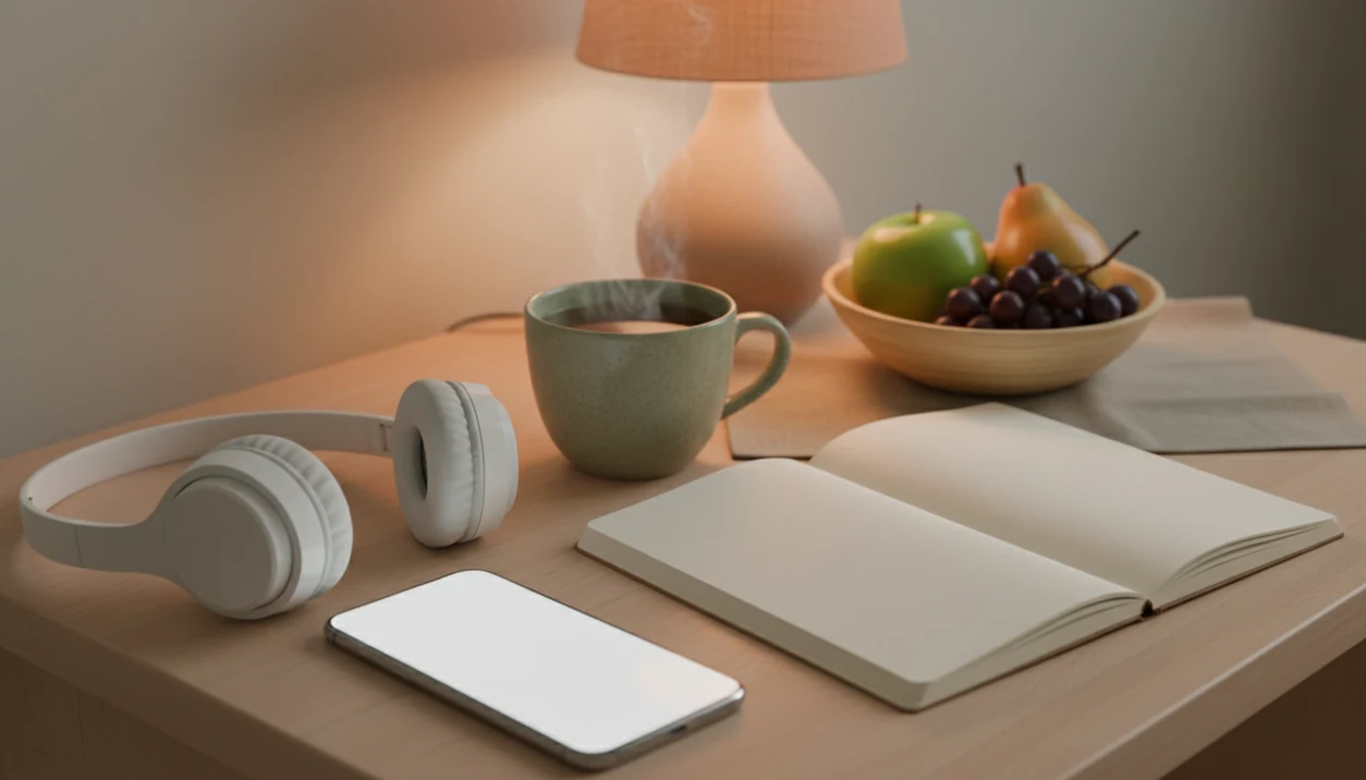 A calm still life with a blank phone, headphones, notebook, tea, and fruit on a warm wooden surface.