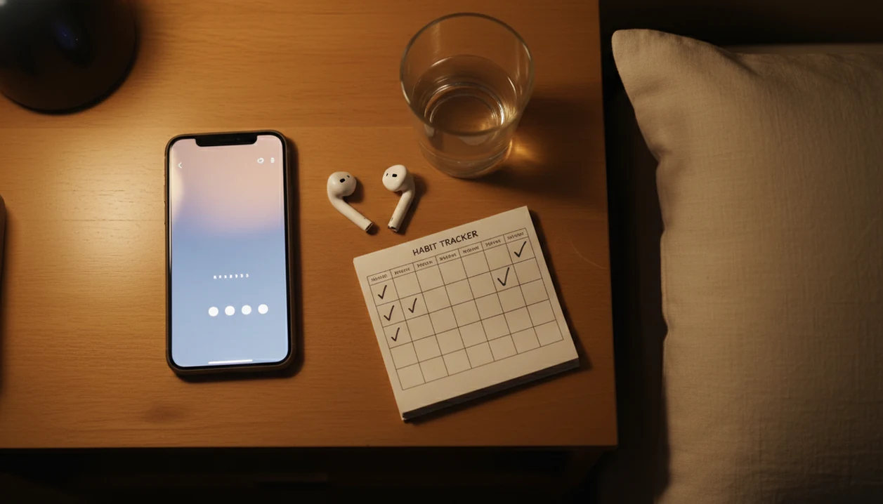 A bedside self-hypnosis routine setup with earbuds, a phone, and a checked habit calendar.