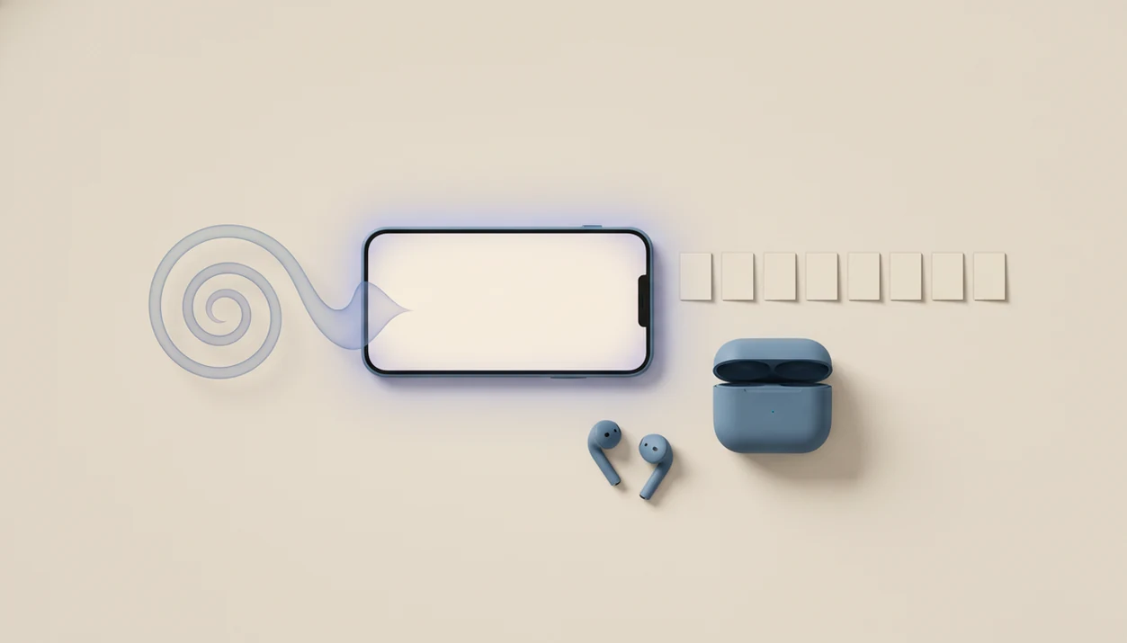 A phone with earbuds branches into a calming spiral and repeated blank cards, symbolizing hypnosis and affirmations.