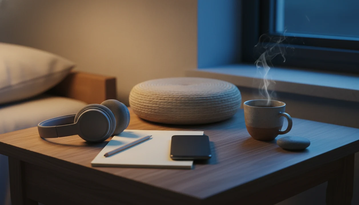 A calm bedside still life contrasts guided audio tools with meditation objects at dusk.