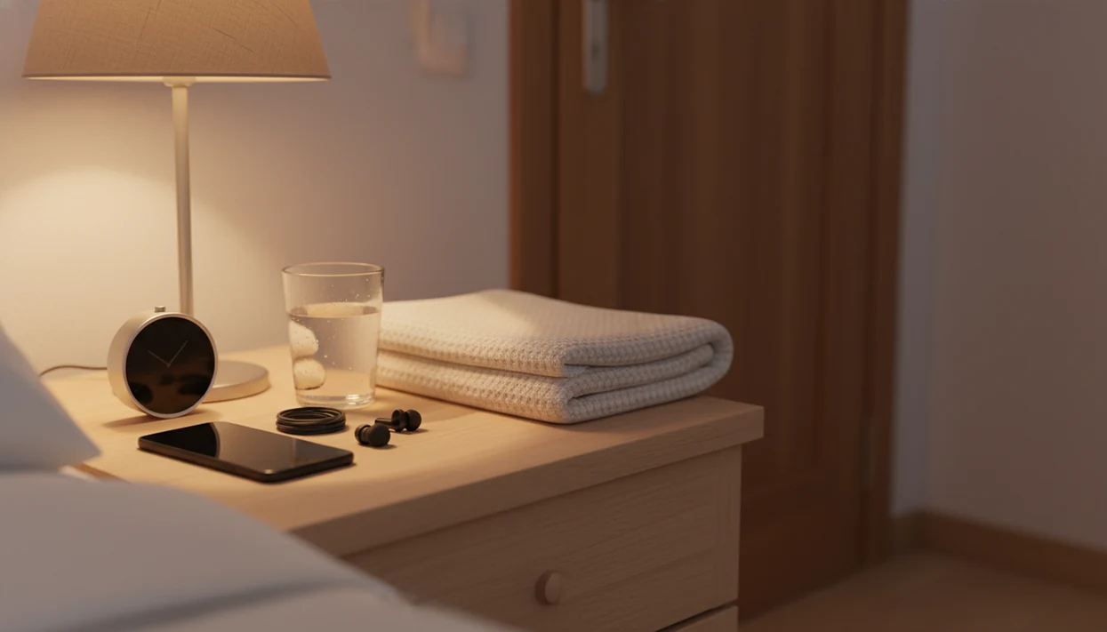 A blank phone and earbuds rest on a calm bedside table, suggesting safe self-hypnosis app use at home.