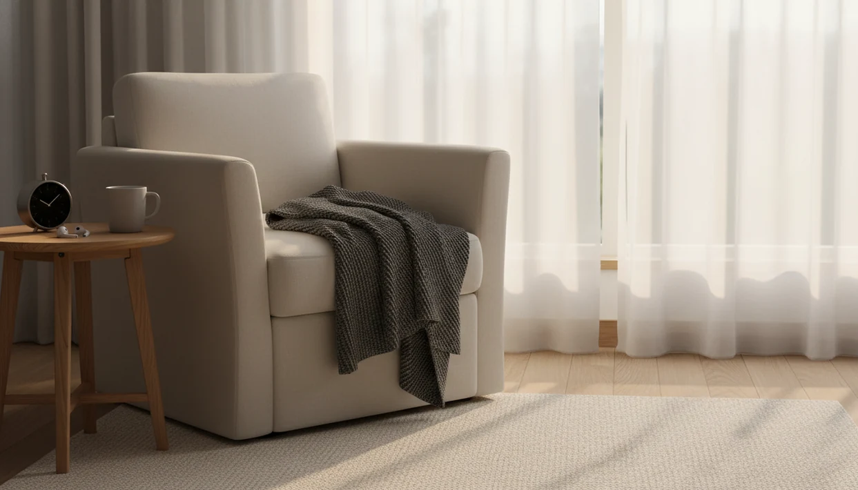 A quiet bedroom chair, earbuds, mug, and timer sit in warm morning light for a short hypnosis routine.