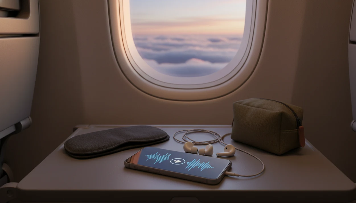 A phone with earbuds and a sleep mask rests on an airplane tray table beside a cloudy window.
