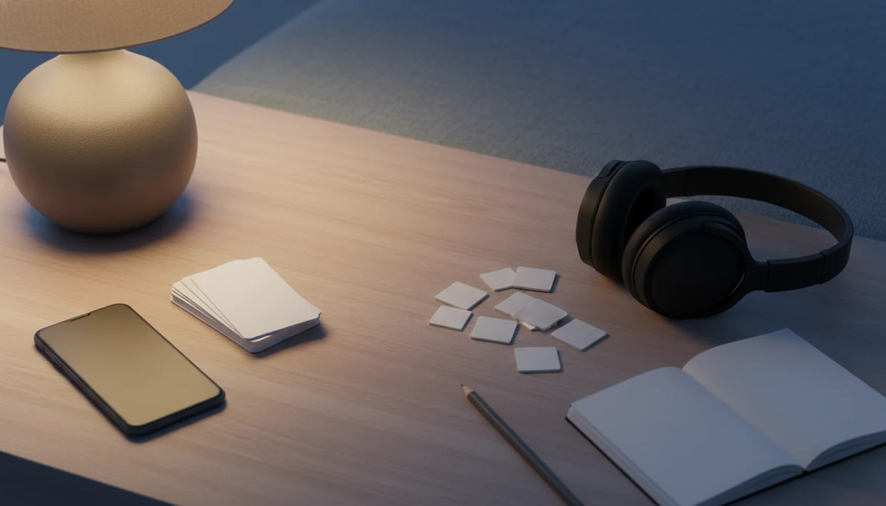 A bedside still life contrasts a structured phone setup with customizable audio tools for hypnosis apps.