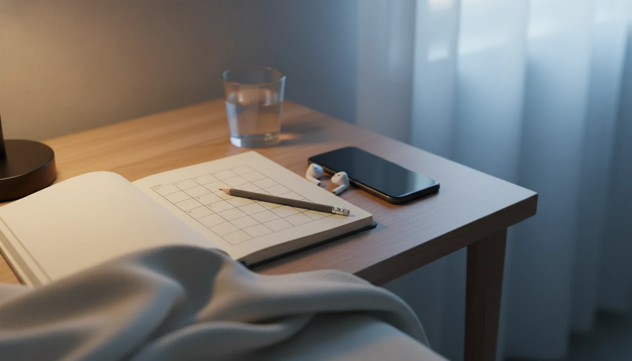 A bedside journal, earbuds, and blank habit grid suggest a calm 30-day self-hypnosis routine.