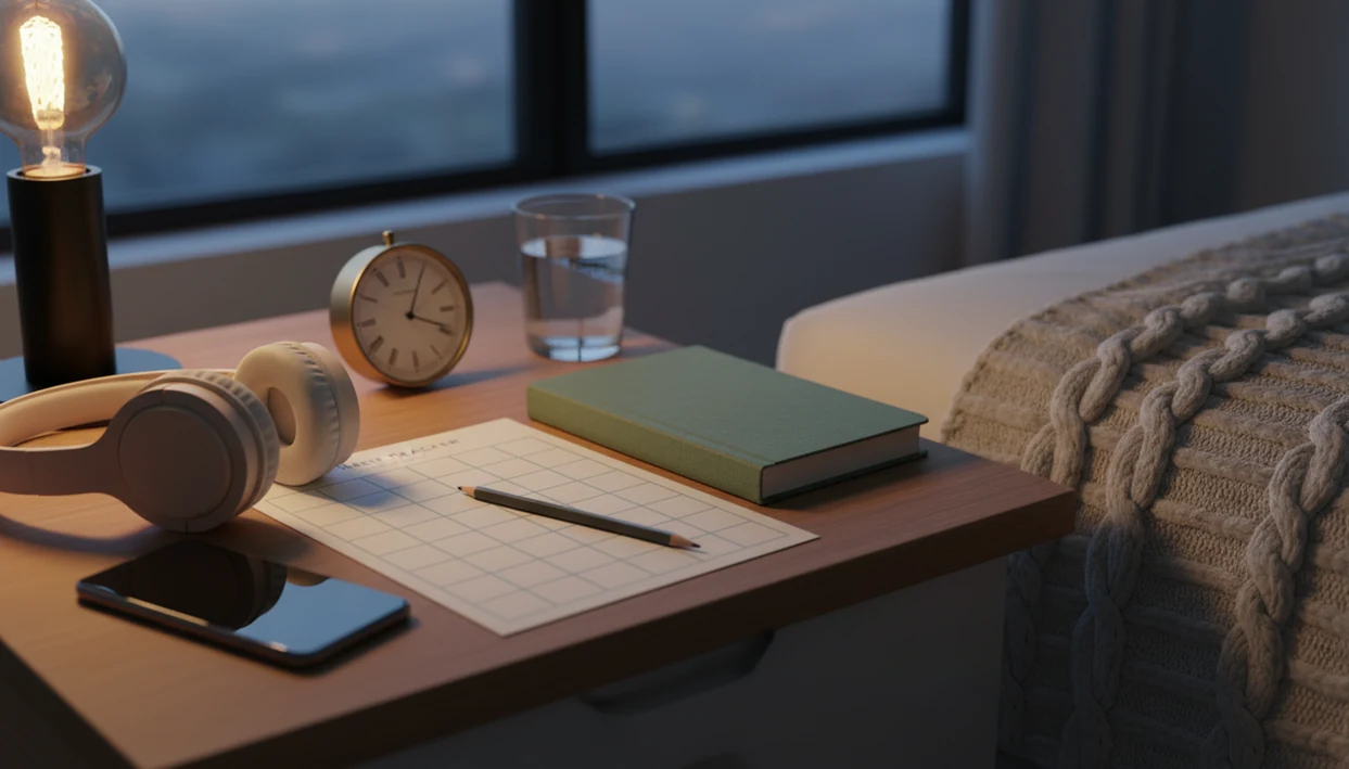 A calm bedside setup with headphones, journal, clock, and blank tracker suggesting a 30-day self-hypnosis routine.