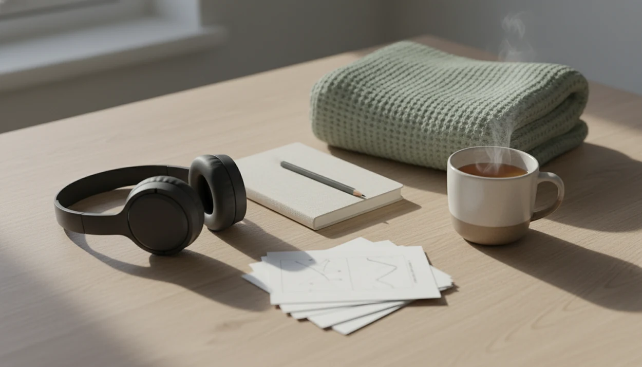 Headphones, notes, tea, and research papers arranged for a calm self-hypnosis practice routine.