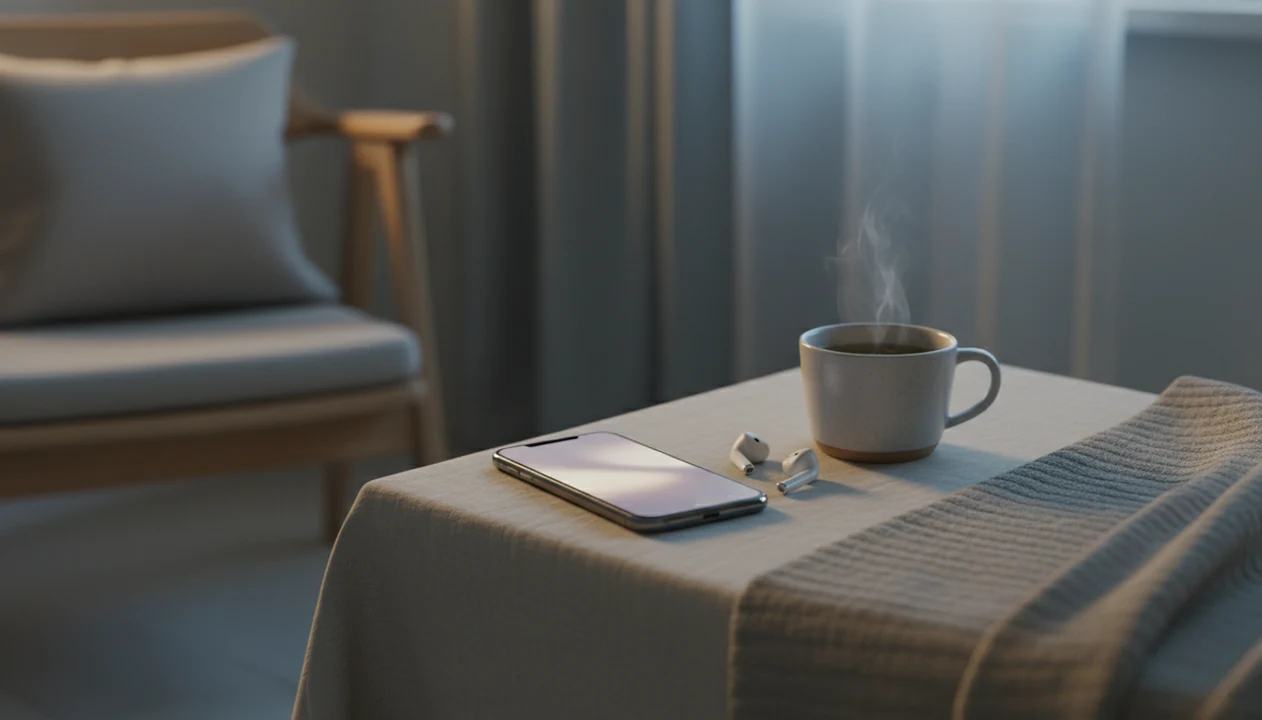 A phone, earbuds, tea, and blanket rest on a calm bedside table ready for a guided relaxation session.