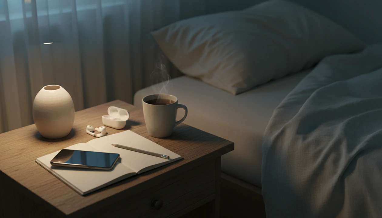 A phone, earbuds, notebook, and tea sit on a bedside table for an evening self-hypnosis routine.