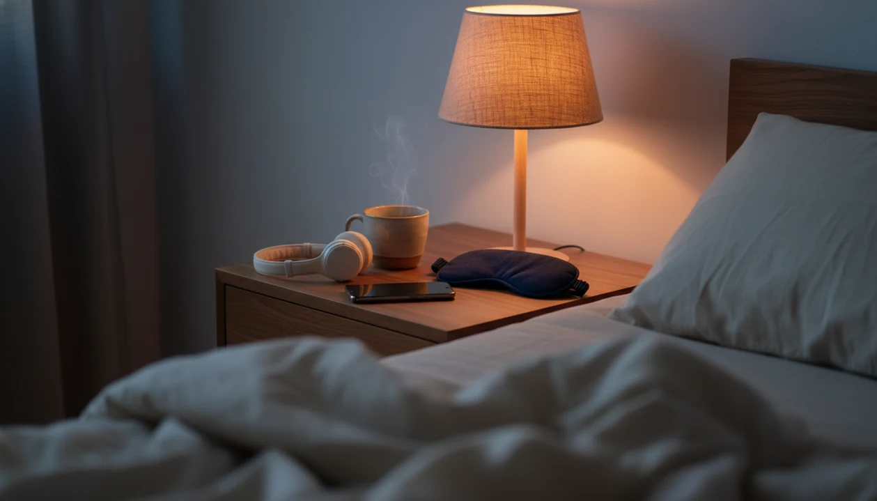 A calm bedside setup with a phone, sleep headphones, tea, and dim lamp for a bedtime audio routine.