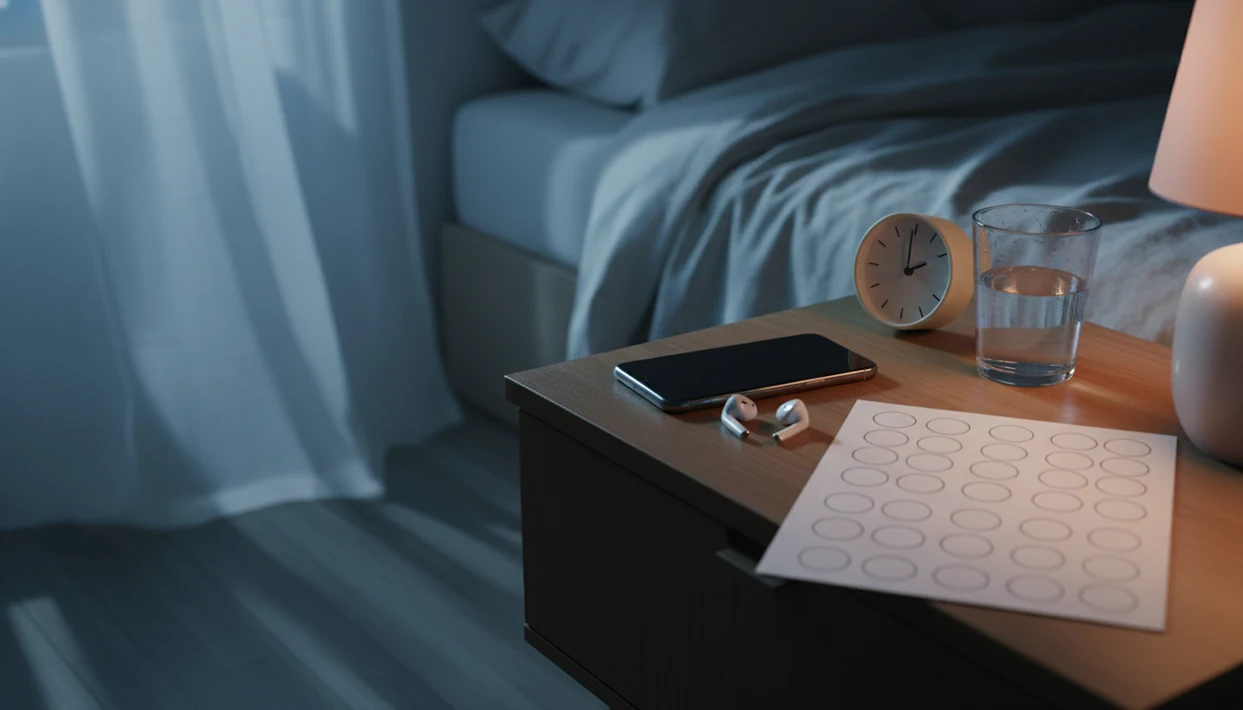 A quiet bedside setup with a phone, earbuds, clock, and blank habit tracker for nightly sleep hypnosis practice.