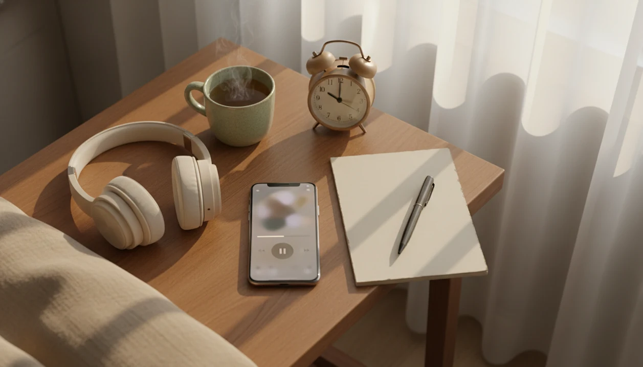 A bedside setup with a phone, headphones, notebook, tea, and clock arranged for a daily self-hypnosis session.