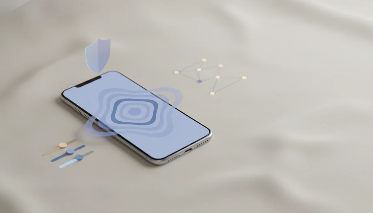 A phone with abstract audio waves, sliders, data nodes, and a shield suggesting safe personalized hypnosis.