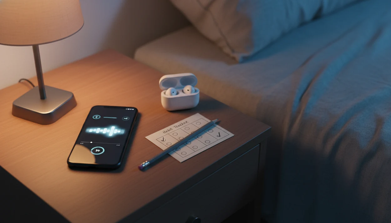 A phone, earbuds, and simple habit card sit on a nightstand for a calm hypnosis routine.