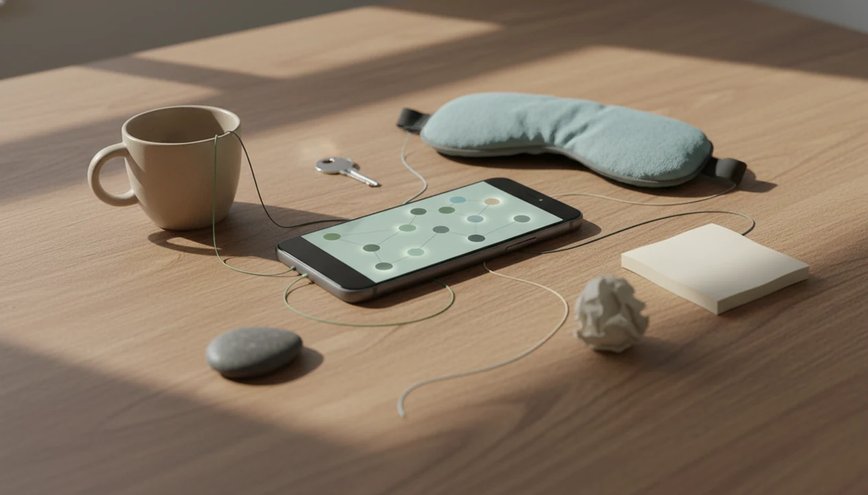 A phone connected by colored threads to everyday objects that suggest habit triggers and patterns.