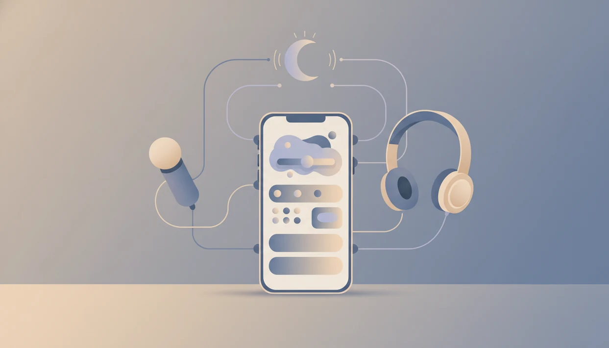 A blank phone connects abstract check-in shapes to a microphone, headphones, and calming symbols.