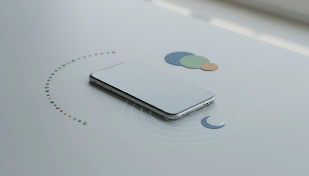 A calm abstract phone illustration showing check-in dots, sleep cues, and stress pattern signals.