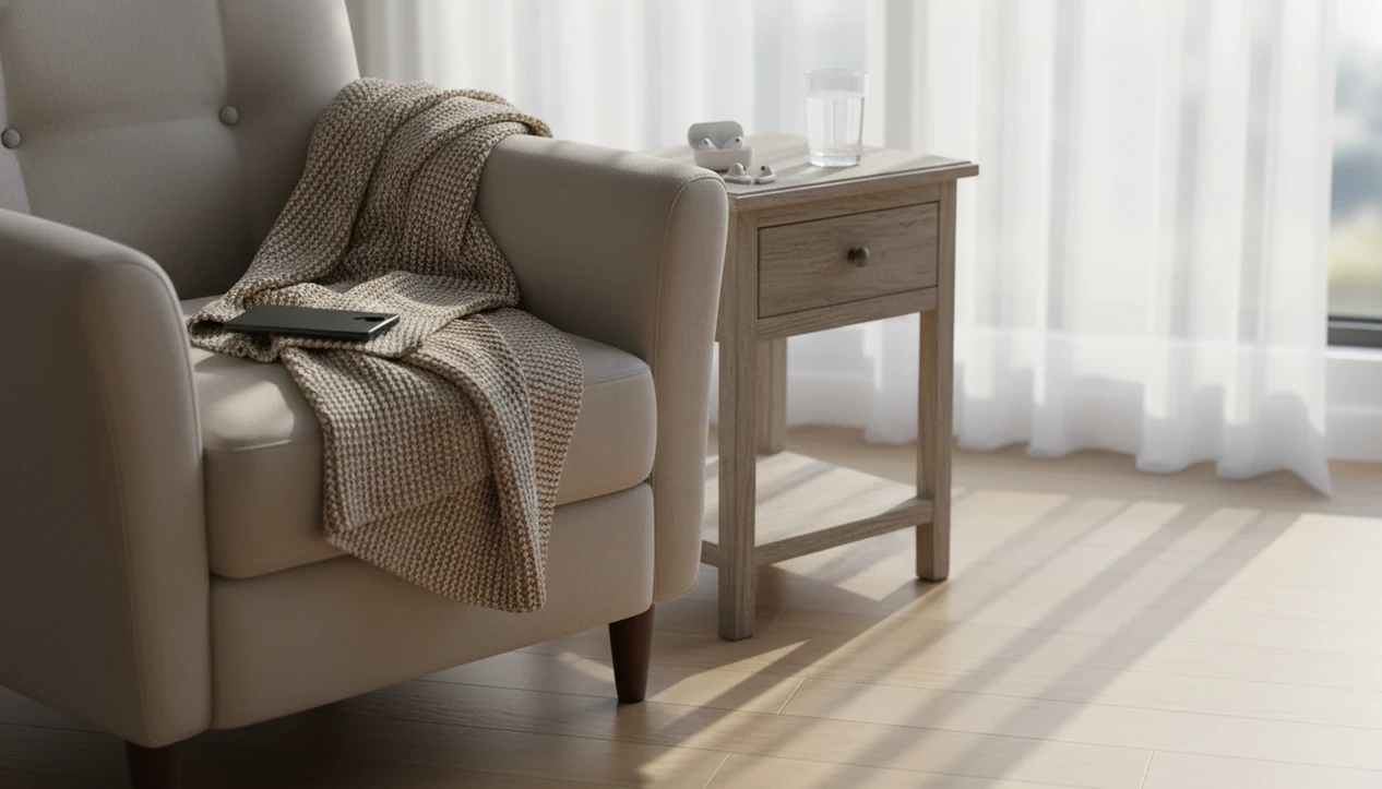 A quiet bedroom chair with a face-down phone and earbuds set up for a calm self-hypnosis session.
