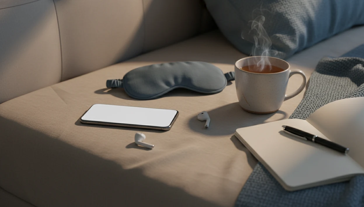 A blank smartphone with earbuds rests beside a sleep mask and tea in a calm bedroom setting.
