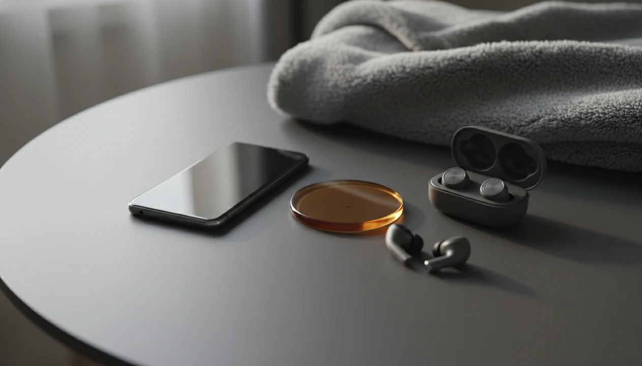 A phone and earbuds sit paused behind an amber warning marker on a quiet table.